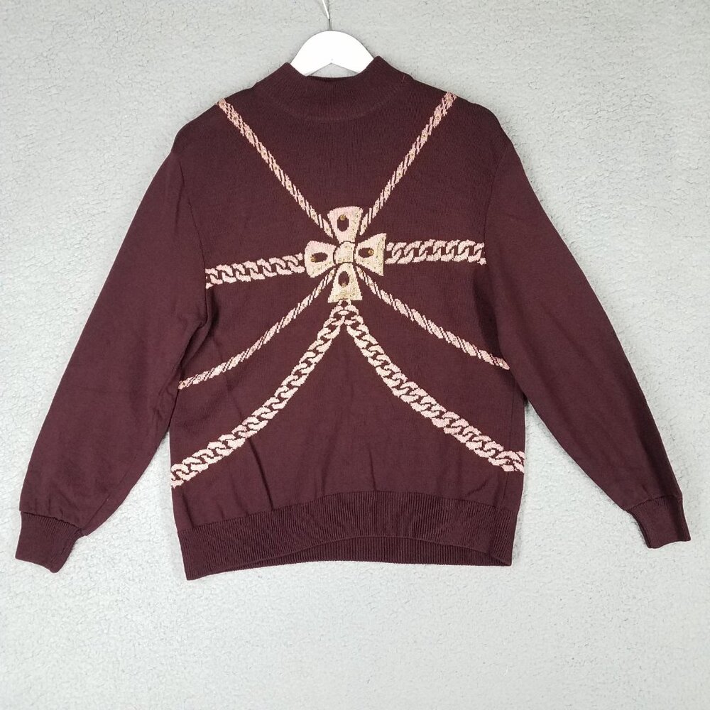 St. John Santana Knit Sweater Women's Medium Bow Chain Holiday Mock Neck Maroon